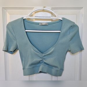 Zara size S light teal ruched V-neck crop top